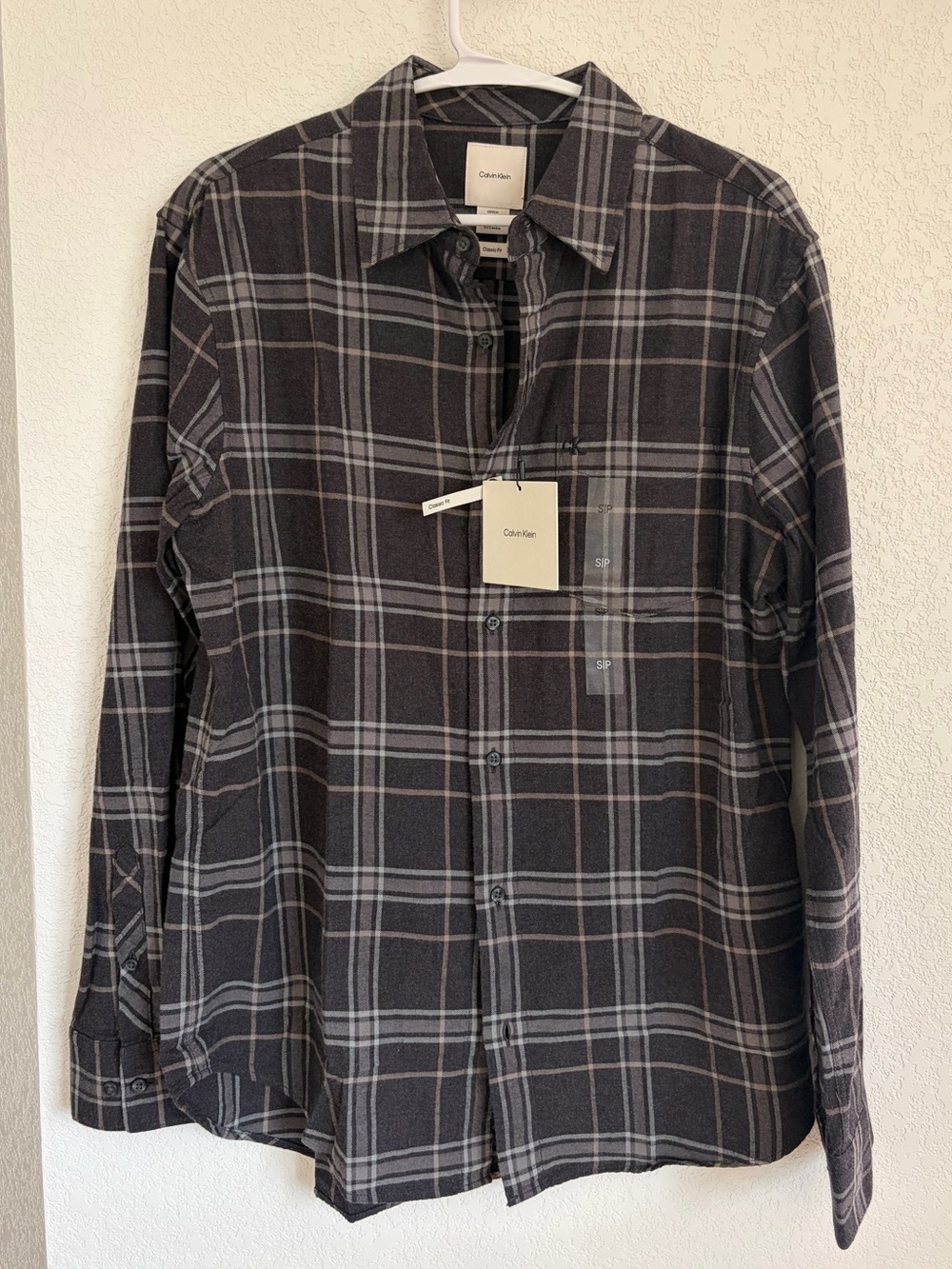 Calvin Klein Men's Black and Gray Plaid Button-Down Shirt